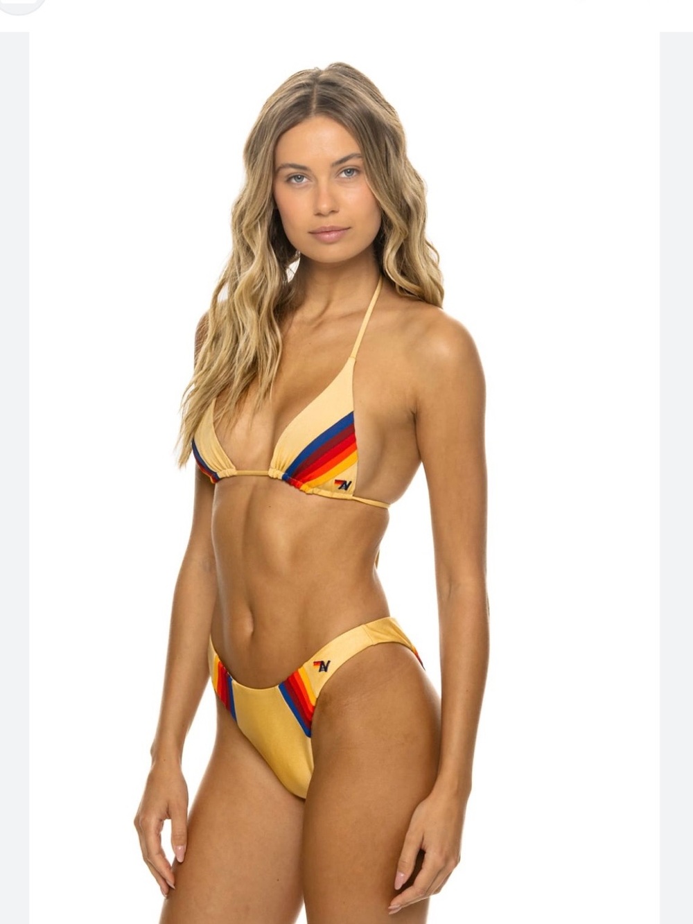 Aviator Nation Gold Triangle Bikini Top with Five Stripe Detail